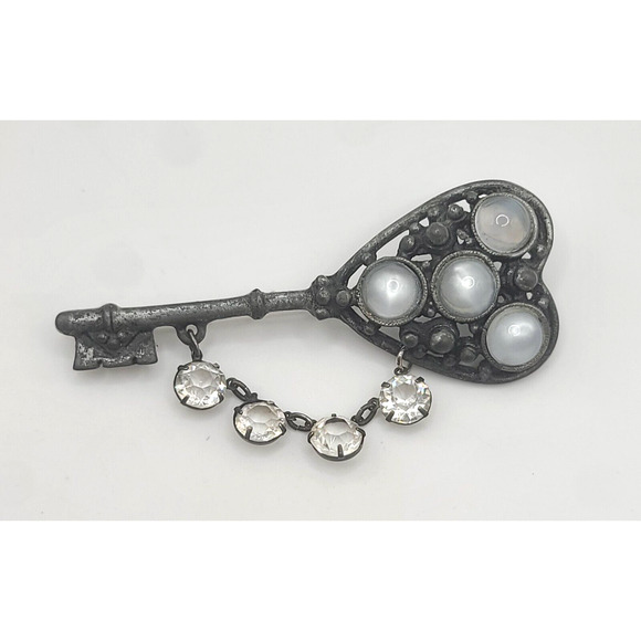 Vintage Key Brooch Moon Glow Rhinestone - Picture 1 of 11